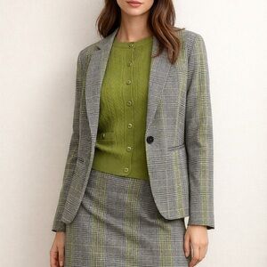 Gray Plaid Blazer with Olive Windowpane - Women's Tailored Suit Jacket